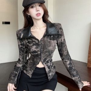 GUZILIAN | Retro American Y2K Spicy Girl PU Leather Collar Gradient Long Sleeve Pleated Shirt Autumn Vintage Hole Double Zipper Top