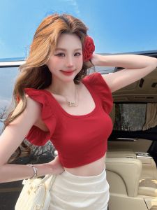 GUZILIAN | Red U-neck Short Sleeve T-shirt Womens Summer Fashionable Tight Fit Casual Design Korean Style Commute Wind Pure Desire