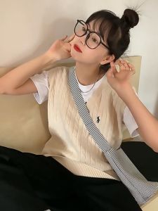⚡Port⚡ blouses women new style 2025 Women Sleeveless Twisted Vest College Style Embroidered Vest V-neck Knitted Vest