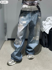 Grailz Project Vibe Vintage Digital Print Destroyed Wide Leg Jeans mid Waist Long Pants Straight Cut Youthful Trend Loose Fit