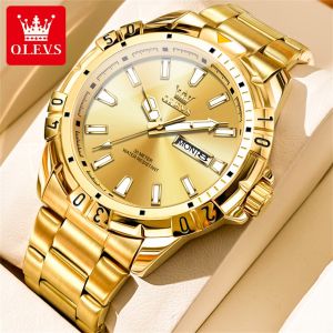 OLEVS Watch For Men Waterproof Original 2024 New Sale Fashion Stainless Steel Luxury Dual Calendar Luminous Gold Casual Mens Watch
