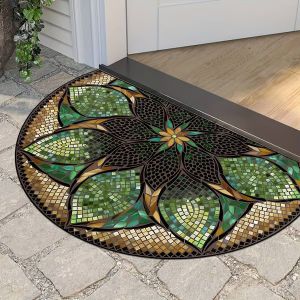 VIKAMA Retro Mosaic Leaf Half Circle Door Mat Colorful Floral Absorbent Rug For Front Door Indoor Entryway Patio Home Decor