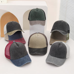 Fashionable Glossy Solid Color Washed Sponge Top Mesh Baseball Cap Classic Perforated and Fringed Sunshade Baseball Cap