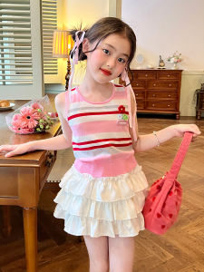 Dopamine Striped Sleeveless Ice Silk Vest Childrens Summer Outerwear Female Kids Top Ice Silk Vest Striped Sleeveless Outerwear