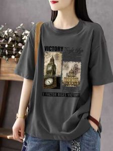 เสื้อยืดแขนสั้นผ้าฝ้ายแท้สำหรับผู้หญิงไซส์ใหญ่หลวมๆ ทรงสลิมฟิต เสื้อผ้าฤดูร้อน คอตตอนเต็มตัว เสื้อยืดฤดูร้อน