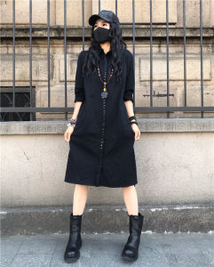 Vintage Black Midi Dress Fashionable Button up Collar Loose Fit Korean Style A-Line Skirt High Waist Long Sleeve Commute Wear