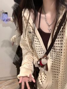 K-style Zipper Hooded Cut Out Sun Protection Knit Cardigan Womens Early Spring Summer Thin Loose Outer Wear Lazy Style Top