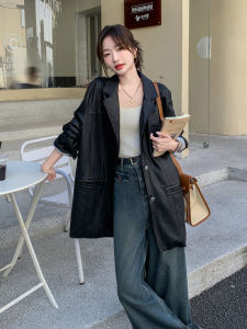 Black PU Leather Suit Jacket Womens Mid-Length Fashionable Commute Style Autumn New Arrival Casual Chic Outerwear