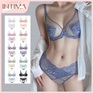 INTIMA Womens Sheer Lace Bra and Panty Set Unlined Bralette Sets Soft Underwired Push Up Lingerie Set