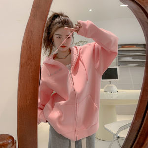 เสื้อสเวตเตอร์ฮู้ดสีชมพูหลวมๆ สำหรับผู้หญิง เสื้อคลุมกันหนาวแฟชั่นฤดูใบไม้ร่วง ทรงหลวม ทรงเข้ารูป ปกติ แขนยาว ปกติ