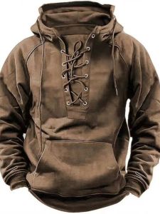 Mens Vintage Hooded T-shirt with Lace up Long Sleeve Polyester Fiber Breathable Spring Autumn European Style Casual Loose Fit