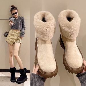 Womens Fleece Lined Thickened Winter Boots Cotton Shoes Anti-slip Waterproof Short Boots round Toe Low Heel Rubber Outsole