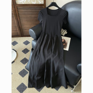 PAIBOLI | Plus Size Black Long Dress Square Collar Slimming Womens Summer Fashion Korean Style A-Line Skirt Commute Style Short Sleeve