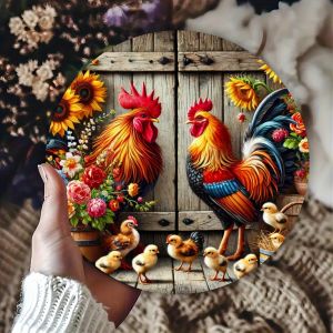 2D Flat Color Vintage Country Animal Rooster Chick Cow Wooden Disc Chicken Coop Farmhouse Cowshed Rustic Logo Decorated Gift