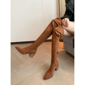 รองเท้าบูทส้นสูงสีน้ำตาล ทรงเข้ารูป หัวแหลม ยางยืด รองเท้าบูทยาวถึงเข่า รองเท้าแฟชั่นฤดูใบไม้ร่วง รองเท้าผู้หญิงไซส์ใหญ่ 41