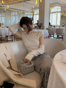 Shiny Heavy Embellished High Waist A-Line Skirt Womens Winter Long Birthday Skirt with Sweater Commute Pure Color Polyester Fiber