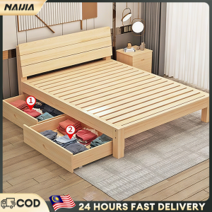 NAIJIA Solid Wood Bed Frame With Drawer Katil Kay实木床 - Queen/King