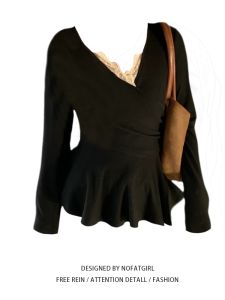 plus Size Womens Lace Splice Long Sleeve T-Shirt Slimming Waist Design Autumn Winter New Style Base Shirt Top Pure Desire Style