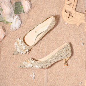 รองเท้าแต่งงานคริสตัล รองเท้าแตะส้นเตี้ยสำหรับผู้หญิง รองเท้าแต่งงานแบบใส่ได้สองทาง สีบัลแกเรีย รองเท้าส้นเตี้ยสำหรับคุณแม่วัยตั้งครรภ์