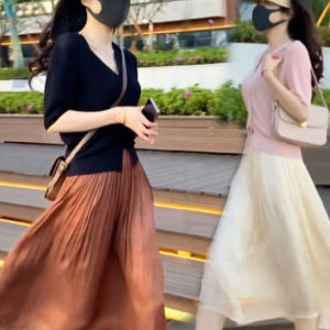 Short Sleeve Ice Silk Shirt And Pearl Mesh Half Skirt Set Womens Summer New Style Thin Two-Piece Set Fashionable Korean Version