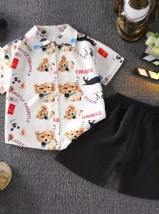 [🚚จัดส่งจากกรุงเทพฯ] ชุดเสื้อเชิ้ตแขนสั้นสำหรับเด็กอายุ 3-10 ปี การ์ตูนสัตว์พิมพ์ชุดกางเกงขาสั้นเสื้อสูทสำหรับเด็กชาย