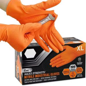 5Pairs Heavy Duty Orange/Black Nitrile Gloves 8Mil Industrial Disposable Gloves with Diamond Textured Grip for Mechanic Safety & Work Gloves