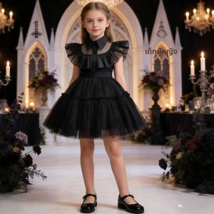 ชุดแฟนซีเด็กผู้หญิงสำหรับงานฮาโลวีน คอตุ๊กตา น่ารัก สไตล์โกธิคสีดำ สำหรับงานพรอม งานวันเกิด งานคอสเพลย์วันพุธ