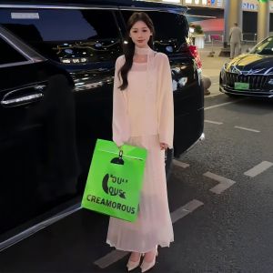 Summer 2025 Womens Loose Batwing Sleeve Knitted Sweater with Lace Detail Half Skirt Three Piece Set Polyester Fiber Casual Wear