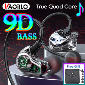 VAORLO (NEW) Original Quad Core Earphones 9D Surround Sound Bass In Ear Headphones Noise Cancelling Earbuds Double Moving Coil Earphone Transparent Gaming Headset Built In HD Mic Waterproof Earpiece For Xiaomi/Huawei/Apple/Oppo etc