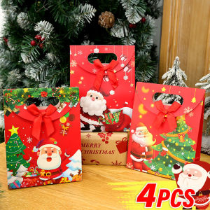4Pcs Merry Christmas Flipped Bow Kraft Paper Gift Box Children Kids Packaging for Candy Sweets Storage Party Favor Christmas Decoration