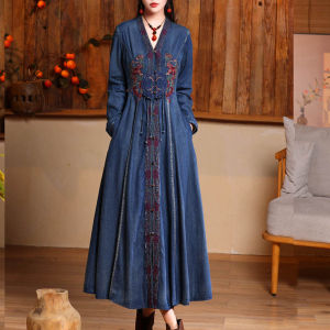 New Summer 2025 Heavy Embroidery Ethnic Style Long Skirt New Chinese Style Fringed Denim Dress A-Line Midi Dress Cotton Rayon
