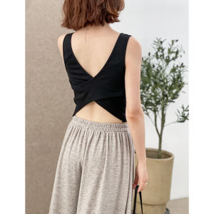Phil Dan Summer Base Layer Vest Cross Backless Short Sleeveless American Style Vest 9027 Womens Original Design Cotton Solid Color