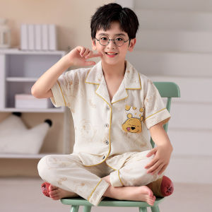 Childrens Summer Sleepwear Thin Cotton Pyjamas Short Sleeve Long Pants Cardigan Set Home Clothes for Boys And Girls