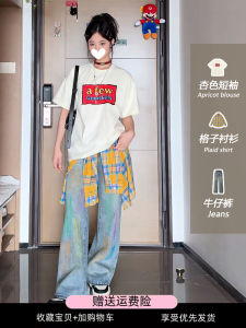 Summer Short Sleeve T-Shirt Womens American Design Color Collision Letter Print Loose Versatile Top round Neck Casual Style