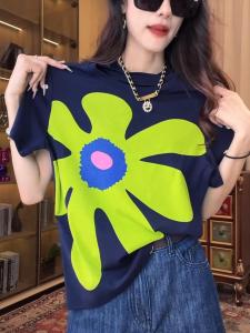 European Goods Trendy Stylish Flower Print Short-Sleeved T-shirt Womens Summer New Arrival Fashion All-Matching Figure Flattering round-Neck Blouse