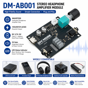 diymore | MAX97220 Stereo Headphone Amplifier Module 125mW HiFi DirectDrive Earphone Amp Board Type-C Lithium Battery Power for DIY Audio