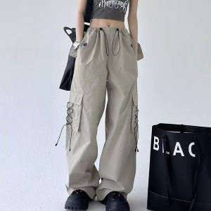 Celana Kargo Wanita S-4XL: Celana Panjang Kain Tipis Pinggang Tinggi Longgar Lurus Celana Panjang Kaki Lebar Celana