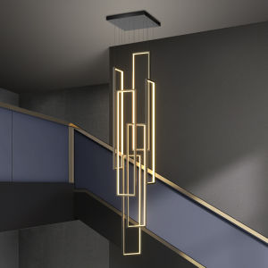 [Remote Dimming] Staircase Chandelier 100CM Minimalist Modern Creative Rectangular Villa Duplex Floor Chandelier Nordic Light Luxury Living Room Chandelier