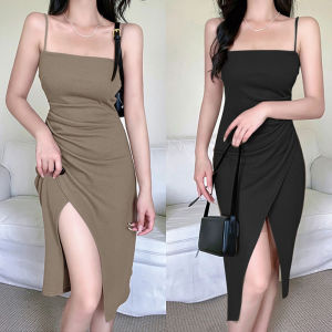 2023 New Arrival Elegant Slim Fit Slimming Spaghetti Straps Dress Female Stylish Fold Split Pure Color Waist-Slimming Dress
