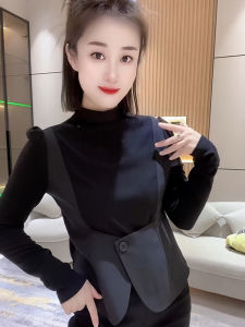 เสื้อเชิ้ตคอตั้งแขนพองสไตล์ฝรั่งเศส 2025 ฤดูใบไม้ร่วง แฟชั่น เสื้อกั๊ก ชุดสองชิ้นปลอม เสื้อเชิ้ตผู้หญิง แขนยาว ปกติ แขนพอง แขนยาว แขนยาว