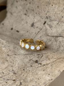 Gold Plated 14K Designer Shell Abalone Ring round Arrangement Open Style Womens Luxury Fashion Jewelry Accessory