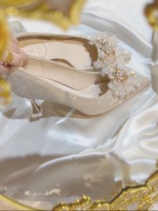 รองเท้าแต่งงานสีแชมเปญชี้นิ้วเท้ารองเท้าส้นสูง ผู้หญิง รองเท้าแฟชั่นเดียว เรียบหรู กลิตเตอร์ หนัง ไฟเบอร์ละเอียดพิเศษ ซับใน