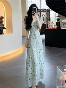 LIRUSHAN | Elegant Slimming French Style Green Printed Summer Dress