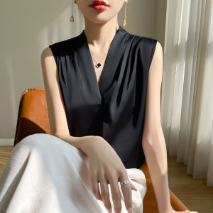 Silk Satin White V-Neck Strapless Vest Womens Spring Autumn Three Acetate Sleeveless Shirt Hanging Neck Top