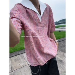 NANSSE | Áo Sơ Mi Ngắn Tay Kiểu Hàn Quốc Giả Lớp Caro Vòng Cổ V Co Dãn