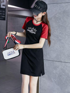 Casual Sporty Summer Dress Womens Embroidered Shoulder-baring Splice Slimming Short T-shirt Dress A-line Knitted Cotton Blend