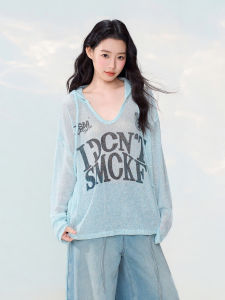 OGOKO | Hooded Blue Lace Knit Sunscreen Blouse