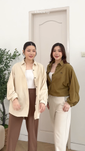 Clouwny Marcia Corduroy Bow Shirt Atasan Wanita Lengan Panjang Kemeja Simple Stylish Korean Look Fit to XXL