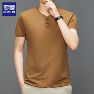 Romon Ice Silk Casual Short Sleeve T-Shirt Mens Button Decorated V-Neck Summer New Style Youth Fashion Anti-Wrinkle Cotton Blend