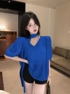 GUZILIAN | Elegant French V-neck Tunic Top With Sash Womens Summer Fashionable Unique Beautiful Mannered Loose Bubble Sleeve Blouse